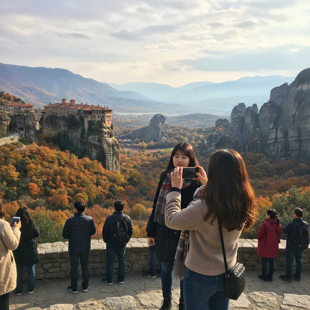 메테오라의 절벽 위 수도원과 그 아래로 펼쳐진 계곡 풍경