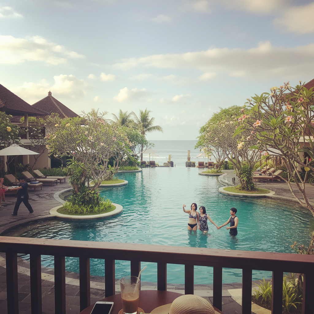 호텔 수영장 뷰가 보이는 발코니에서 찍은 사진