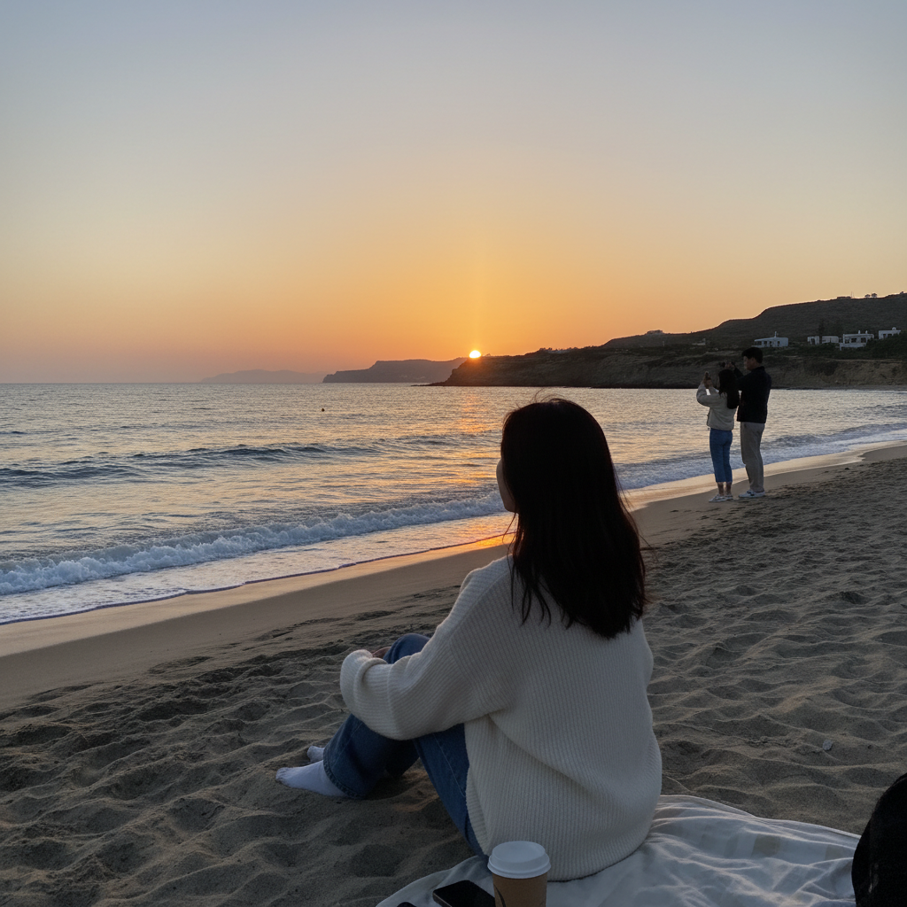 크레타 해변에서 일몰을 바라보는 풍경