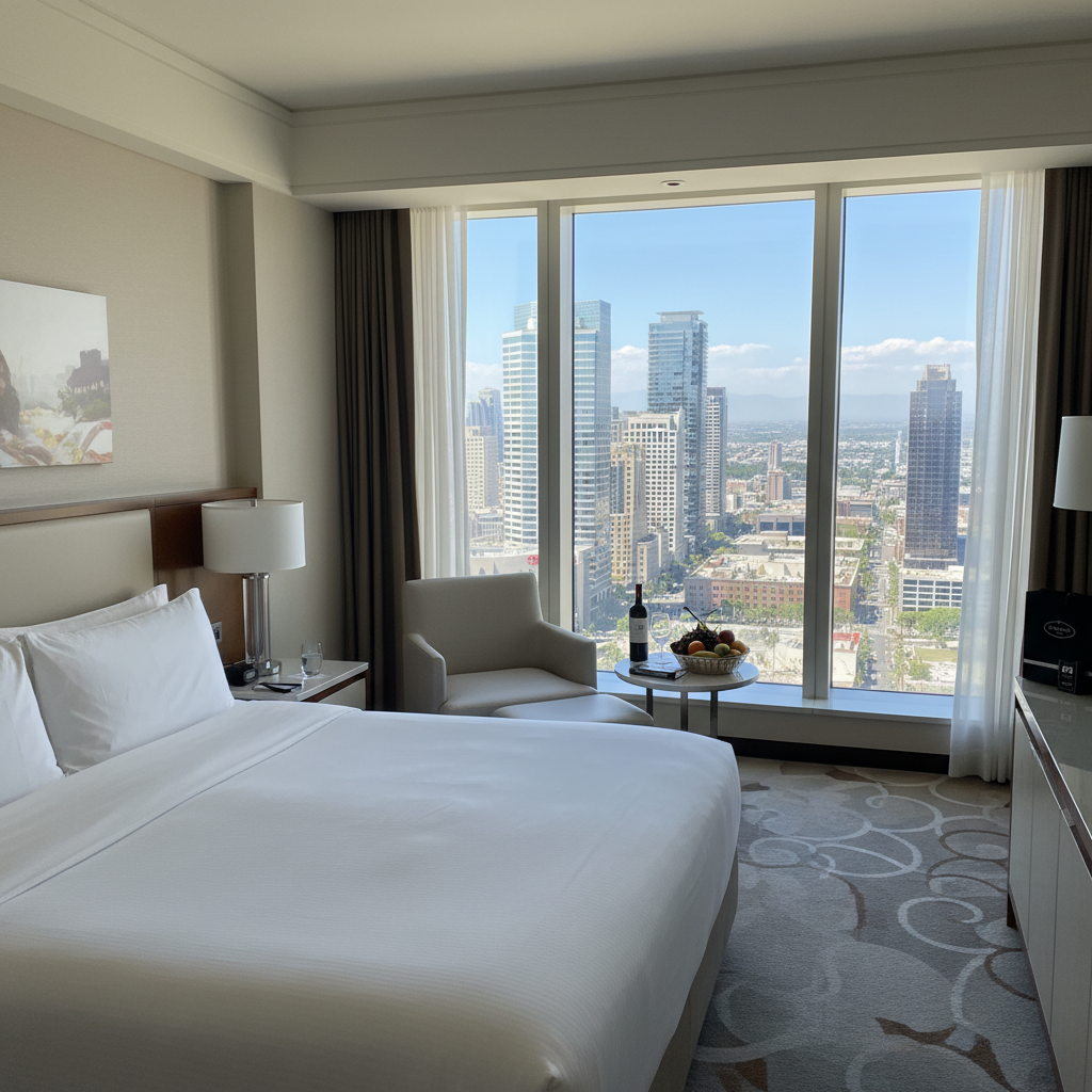 페어몬트 호텔 스위트룸 침실과 도시 전경