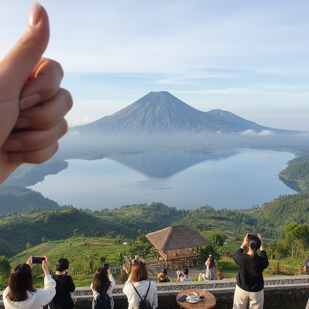 낀따마니에서 바라본 바뚜르 화산과 호수 전경