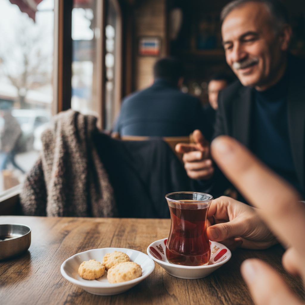 현지 찻집에서 터키식 차(차이)를 마시는 모습