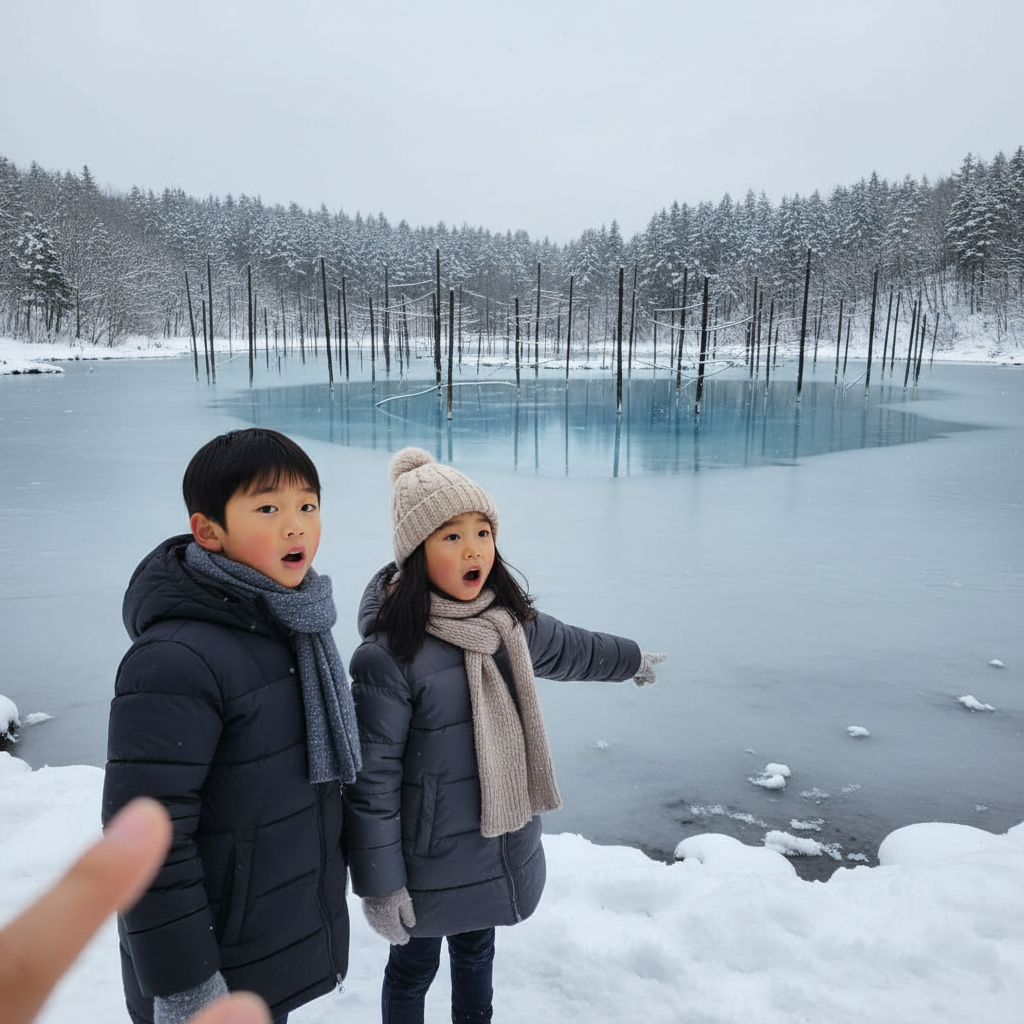 비에이 푸른 연못 앞에서 호기심 가득한 표정으로 서 있는 아이들