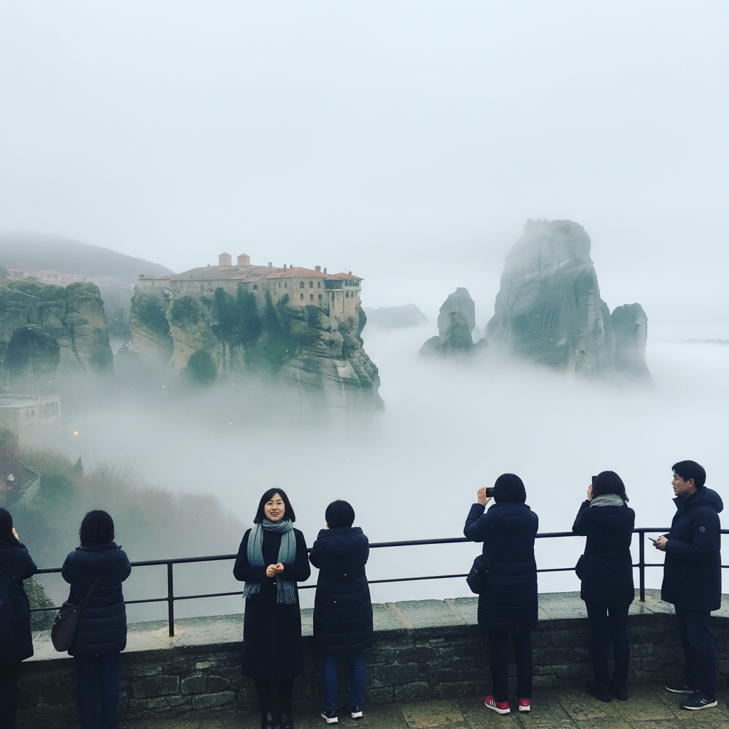 안개에 싸인 메테오라 수도원의 신비로운 모습