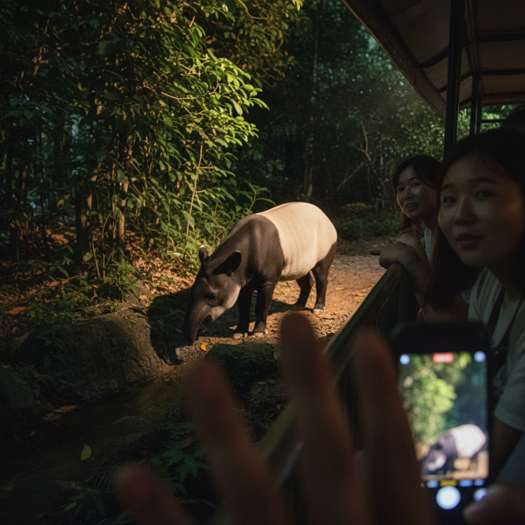 나이트 사파리에서 조명에 비친 동물들의 모습