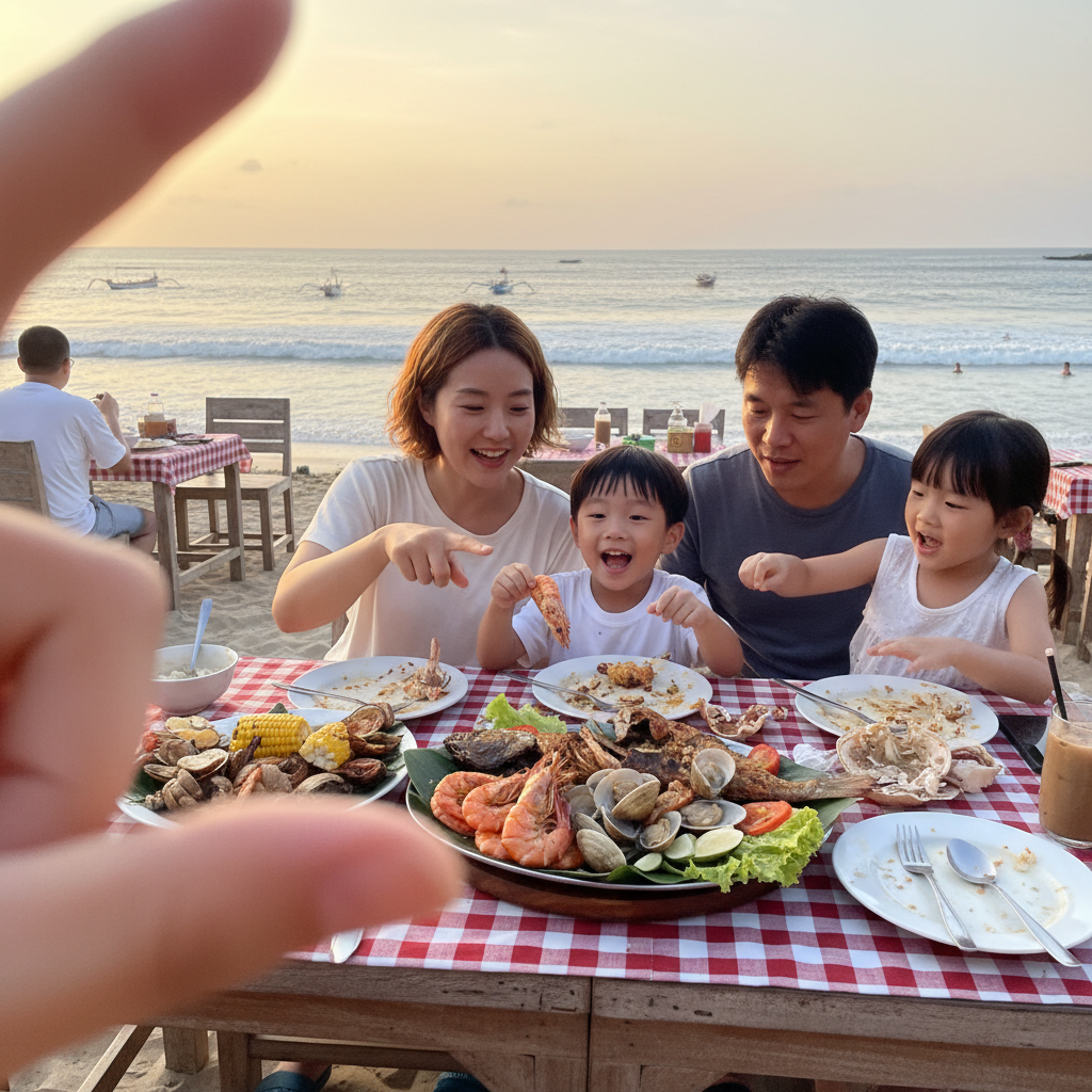 짐바란 해변에서 씨푸드를 먹는 가족