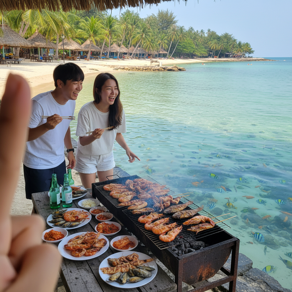 산호섬의 프라이빗 비치와 해산물 바비큐