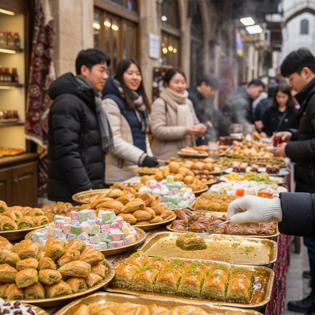 현지 시장에서 바클라바와 터키 디저트를 맛보는 모습