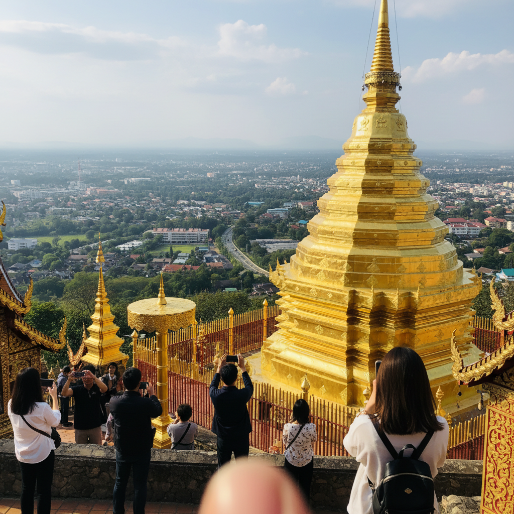 도이수텝 사원에서 바라본 치앙마이 전경과 황금 탑