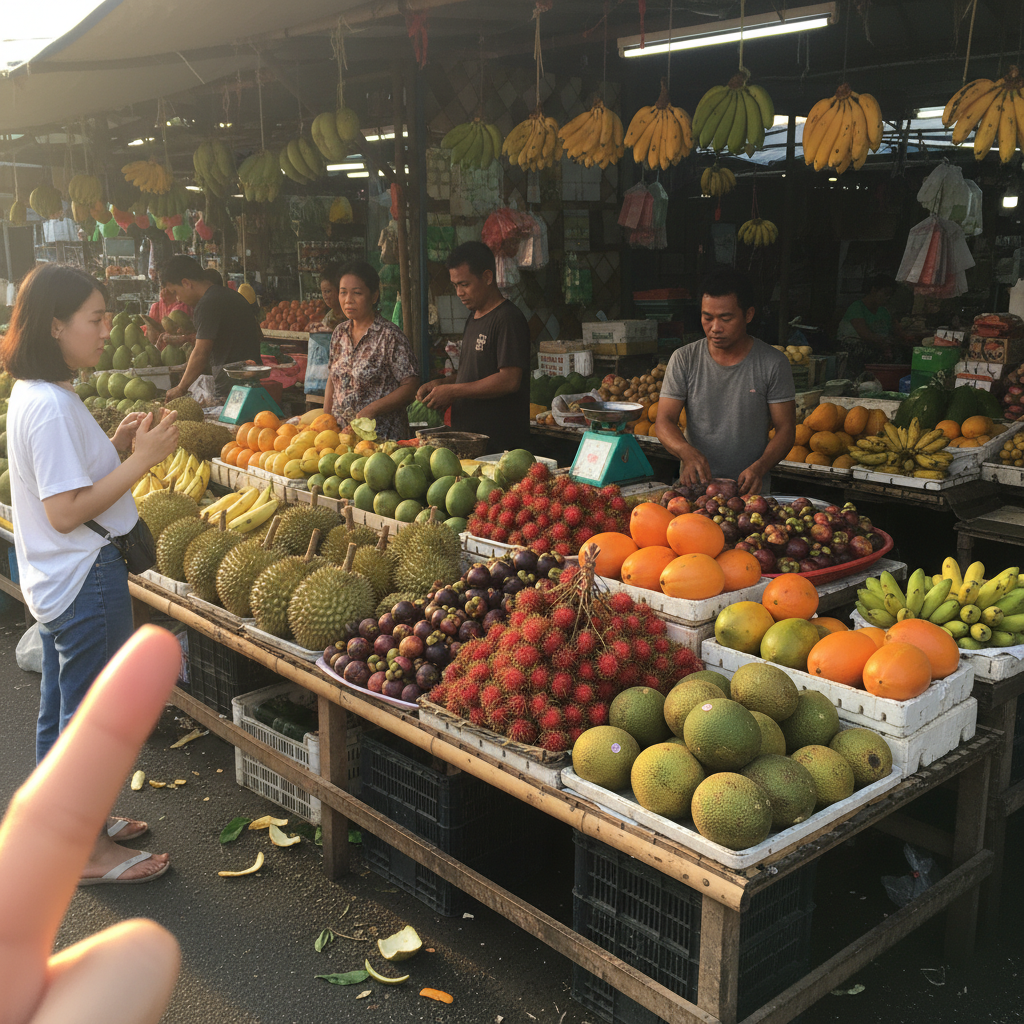 현지 시장의 다양한 열대 과일들