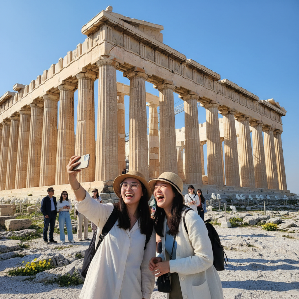 아테네 파르테논 신전의 웅장한 기둥들과 푸른 하늘