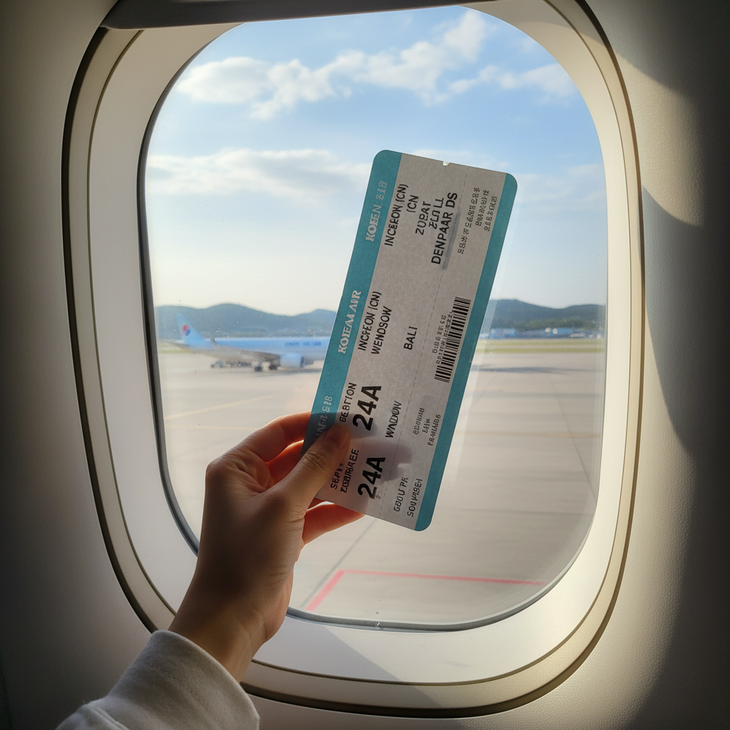 인천공항 출발장에서 찍은 사진, 창가 좌석 티켓과 함께