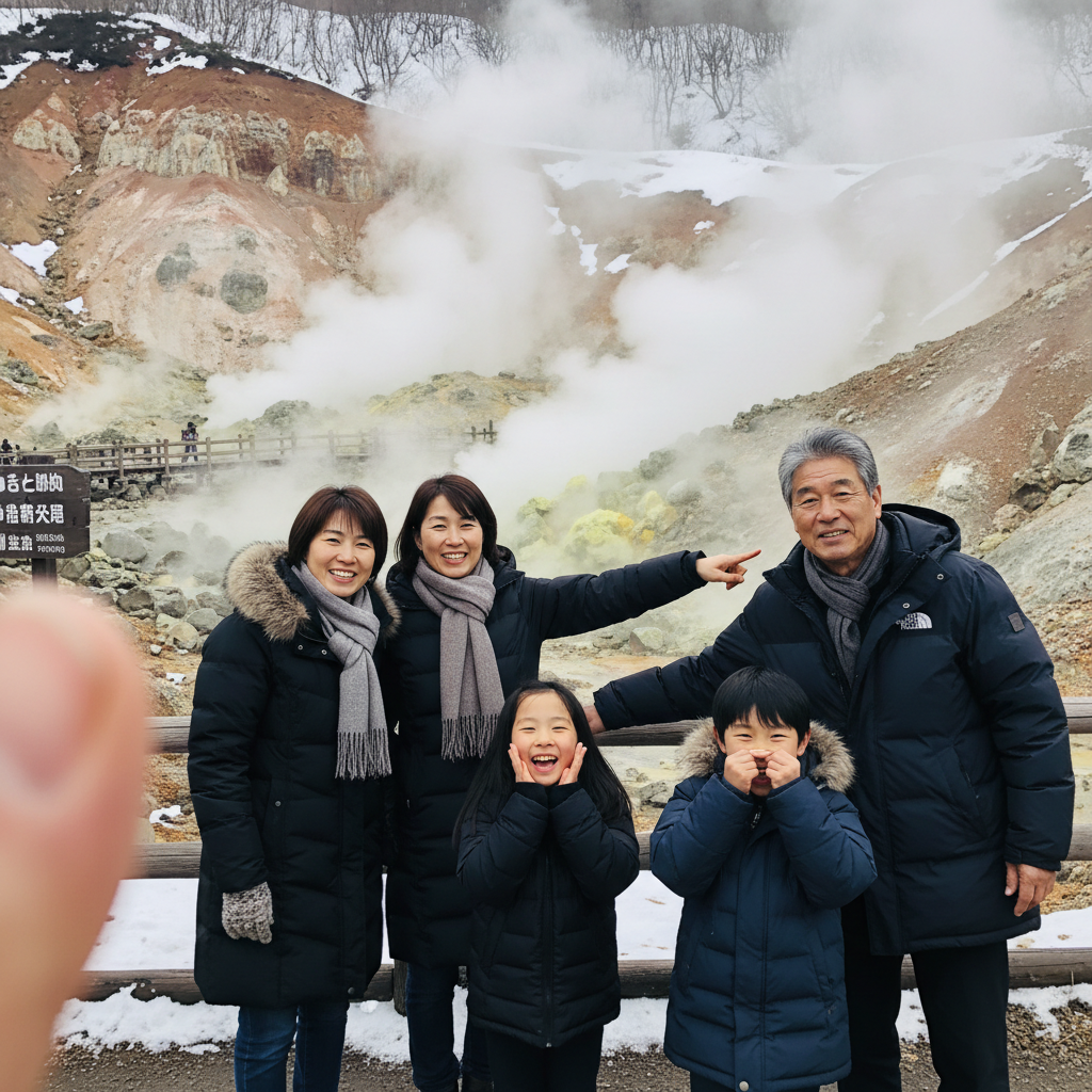 노보리베츠 지옥계곡을 배경으로 가족 단체 사진