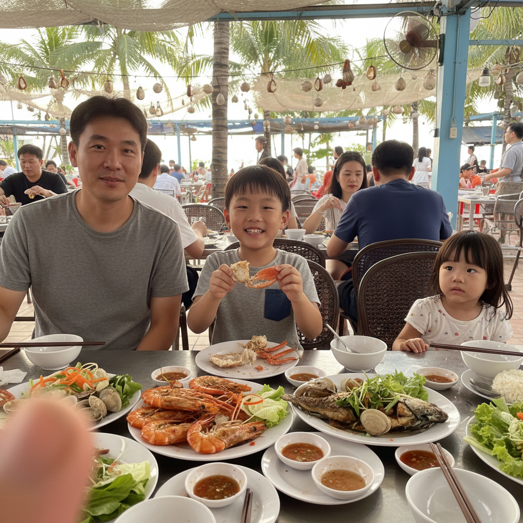 해산물 레스토랑에서 식사하는 가족