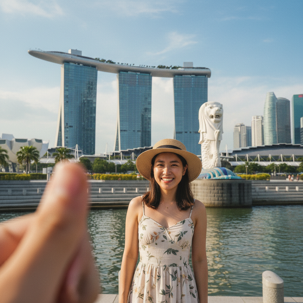 머라이언 공원에서 마리나 베이 샌즈를 배경으로 찍은 사진