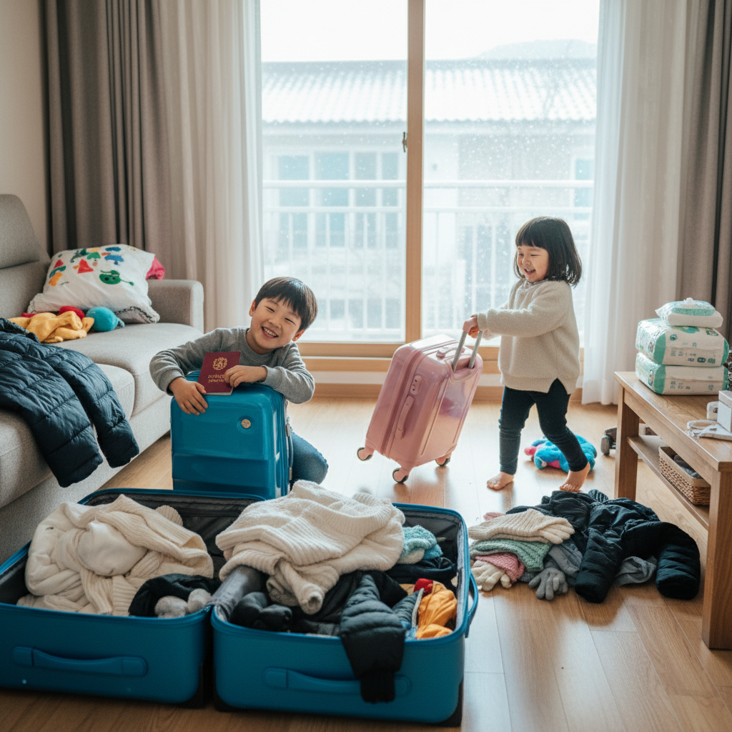아이들이 여행 가방을 챙기며 신나하는 모습