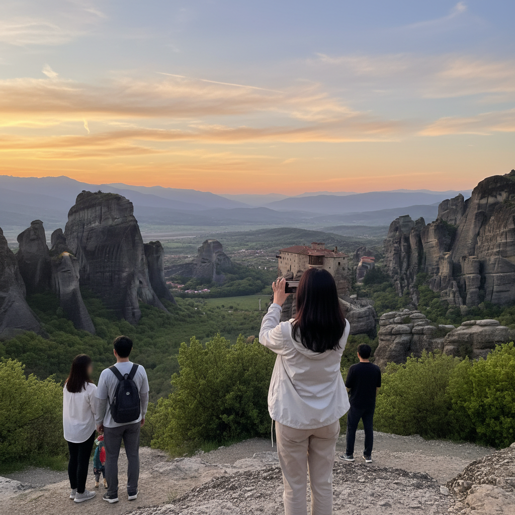 메테오라의 절벽 위 수도원과 일몰 풍경