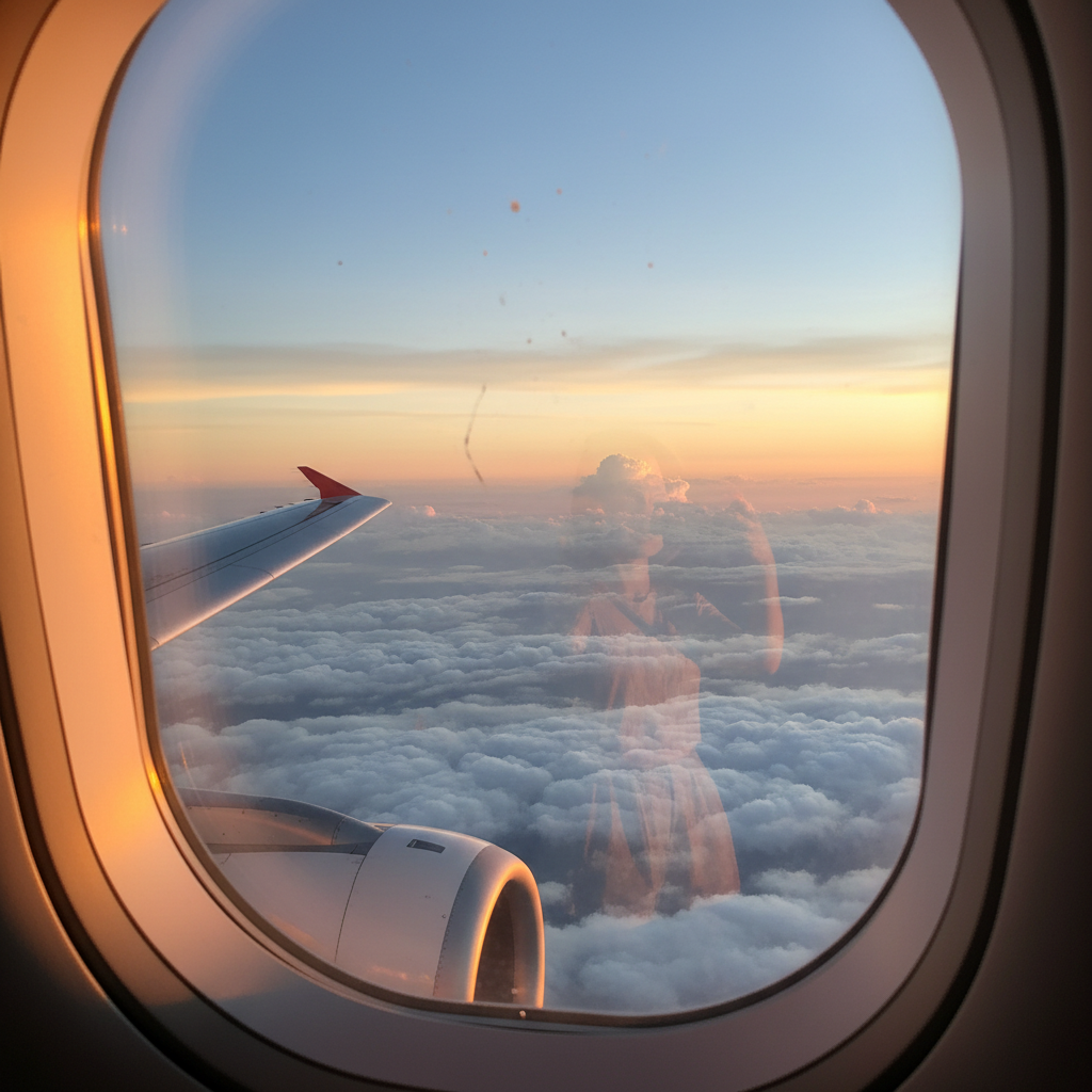 비행기 창문 너머로 보이는 일출과 구름 위 풍경