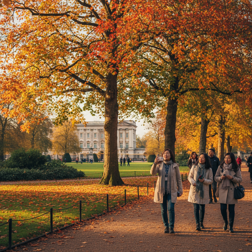 런던 버킹엄 궁전 정원의 가을 풍경