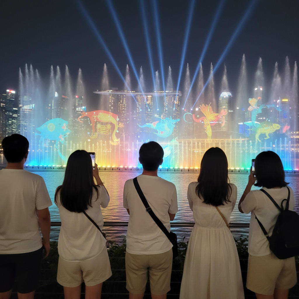 밤에 펼쳐지는 리버 원더스 쇼의 화려한 조명과 물 분수