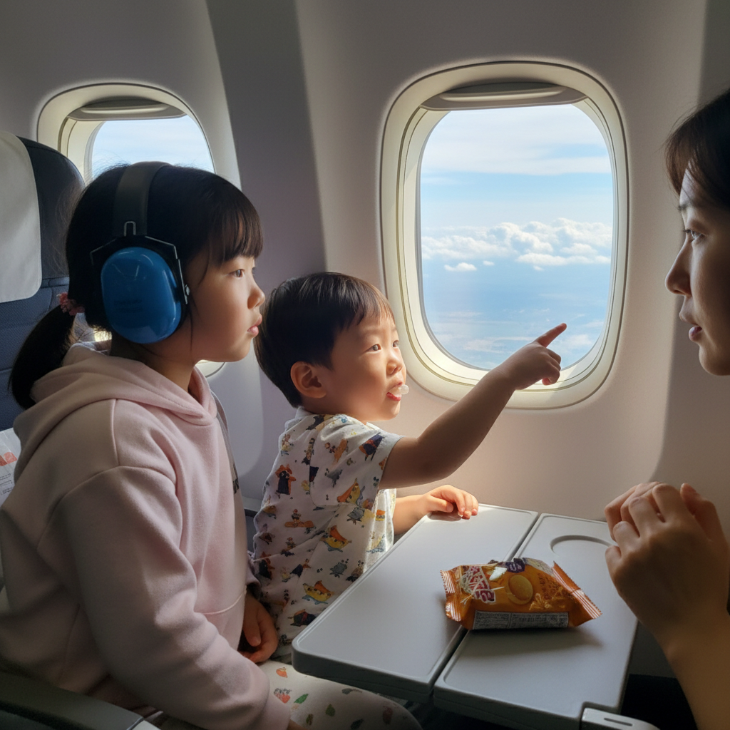 비행기 안에서 창밖을 보는 아이들