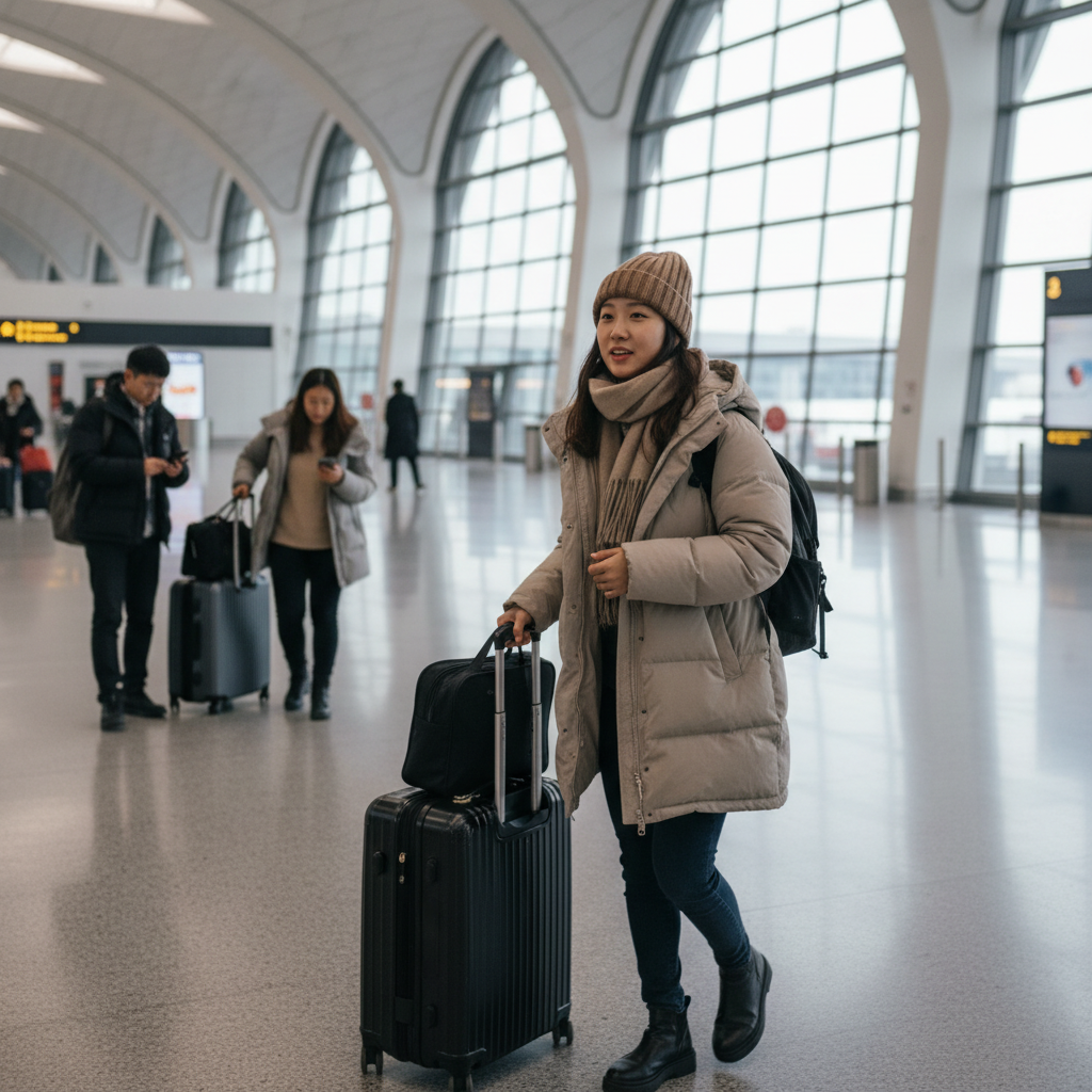 이스탄불 공항에 도착한 모습, 여행 가방을 끌고 있는 모습