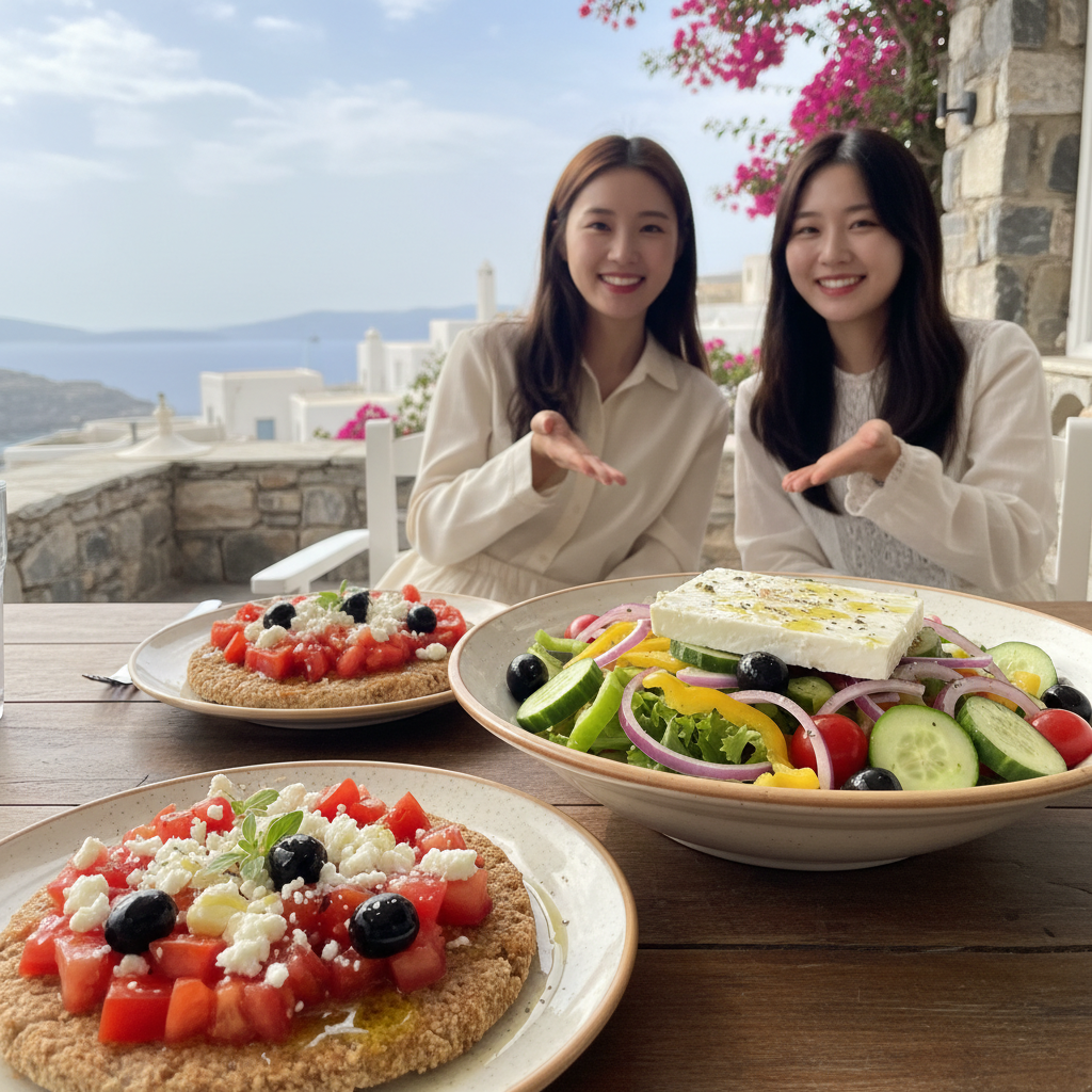 크레타 전통 음식 다코스와 그리스 샐러드