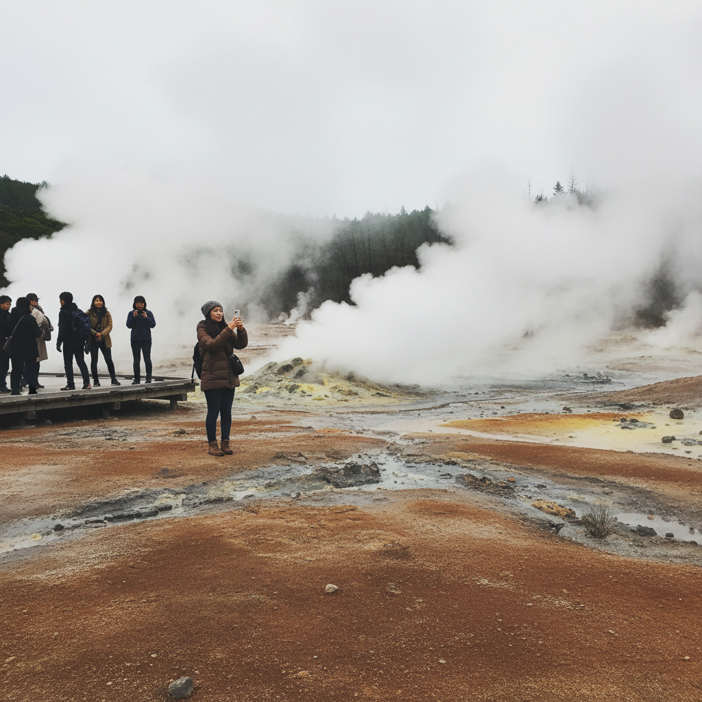 로토루아 지열 지대의 증기가 피어오르는 풍경