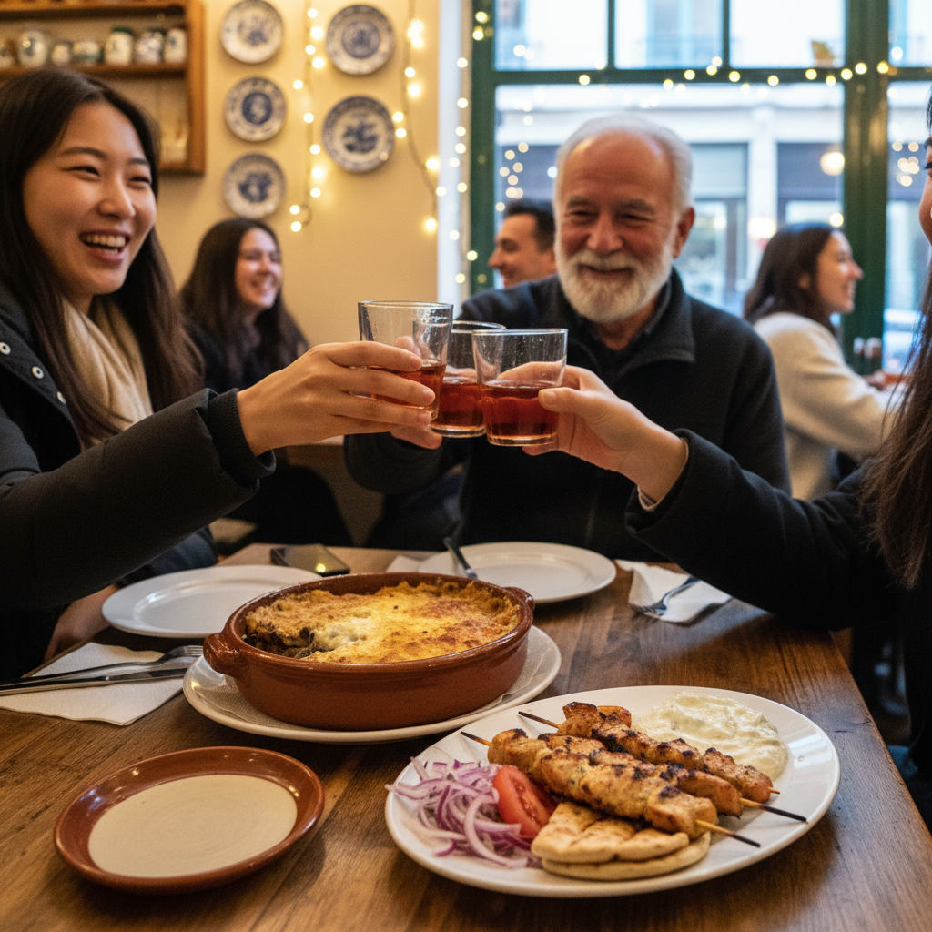 아테네 플라카 지구의 타베르나에서 즐기는 그리스 전통 음식 무사카와 수블라키