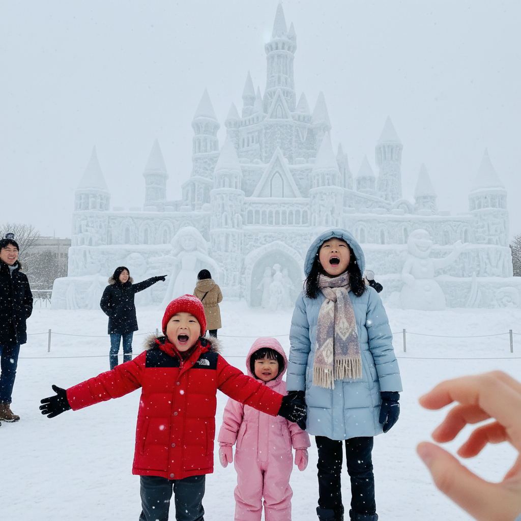 오도리 공원 눈 조각상 앞에서 포즈를 취하는 아이들
