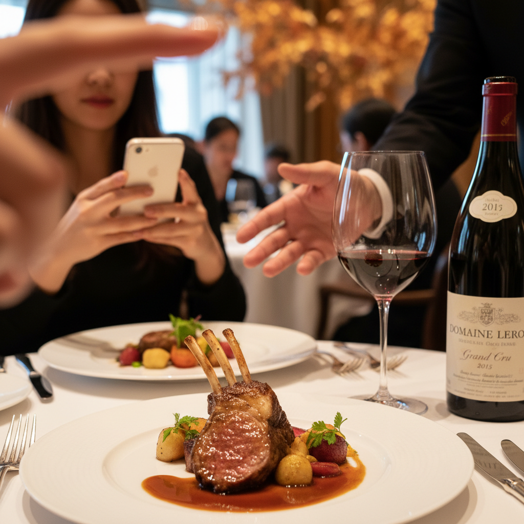 미슐랭 레스토랑의 양갈비 메인 코스와 와인 페어링