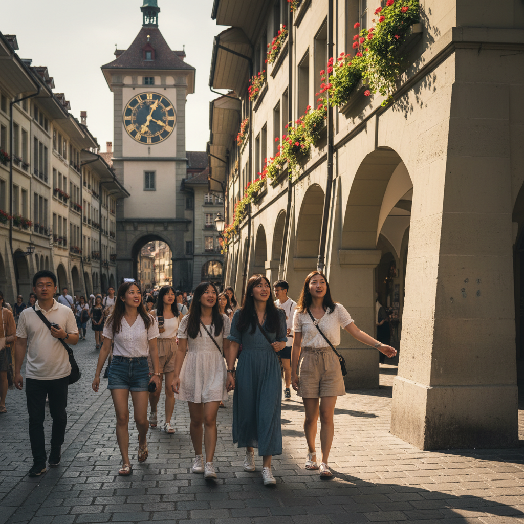 베른 구시가지의 아름다운 아케이드 거리와 시계탑