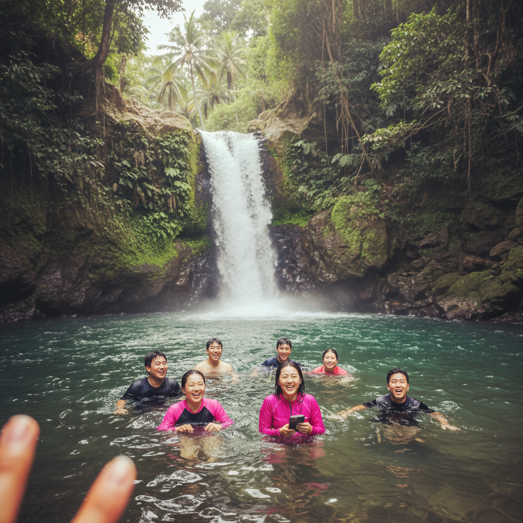 뜨구눙안 폭포에서 물놀이하는 모습