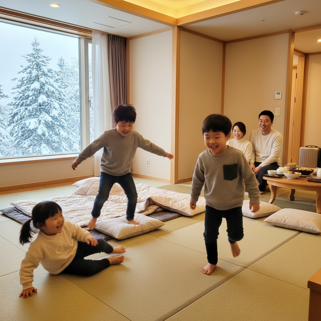 호텔 가족룸에서 신나게 뛰어노는 아이들