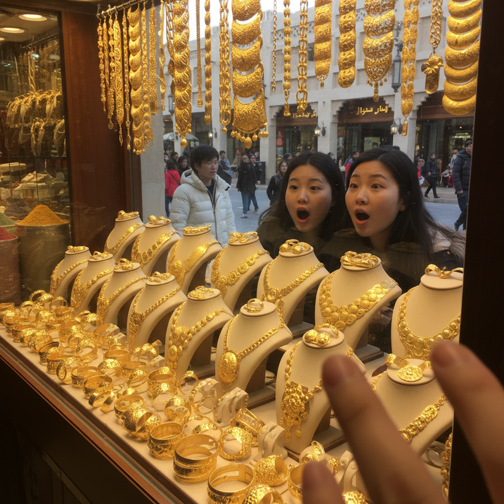 금시장의 화려한 금 장신구들이 진열된 쇼윈도 사진