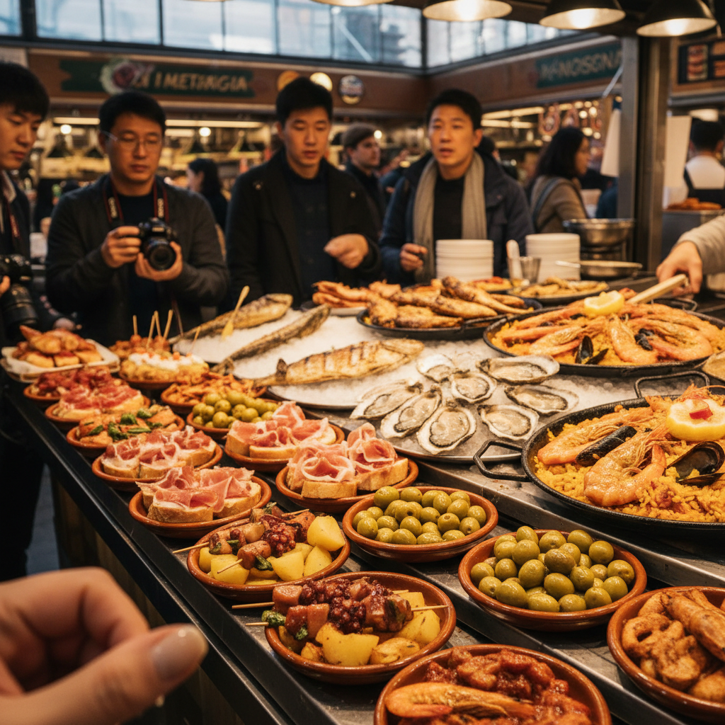보케리아 시장의 다양한 타파스와 해산물 요리들