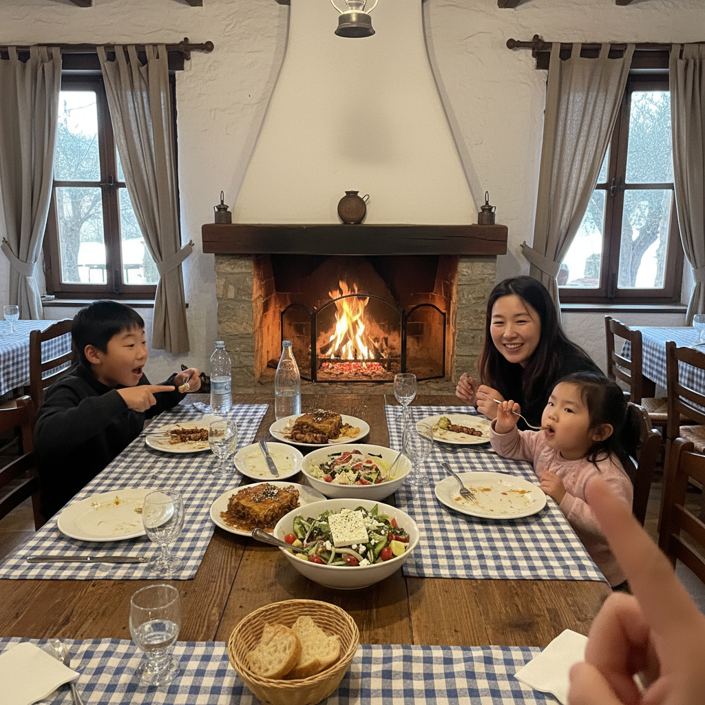 그리스 전통 식당에서 식사하는 가족