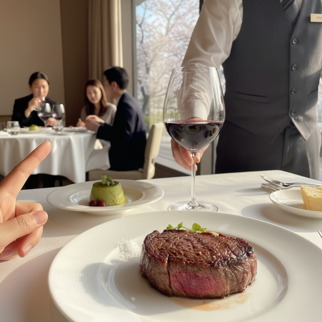 미슐랭 레스토랑의 와규 스테이크와 와인