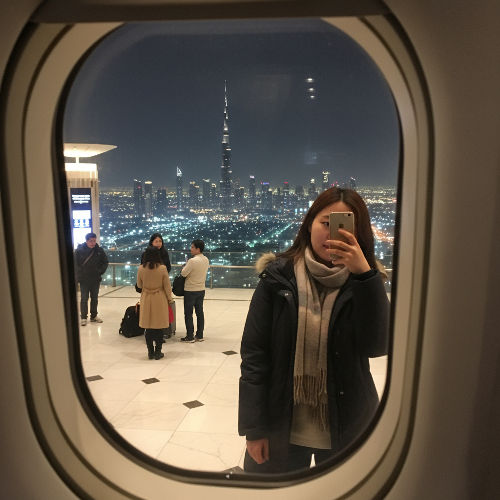 비행기 창문 너머로 보이는 두바이 야경 또는 공항 도착 사진