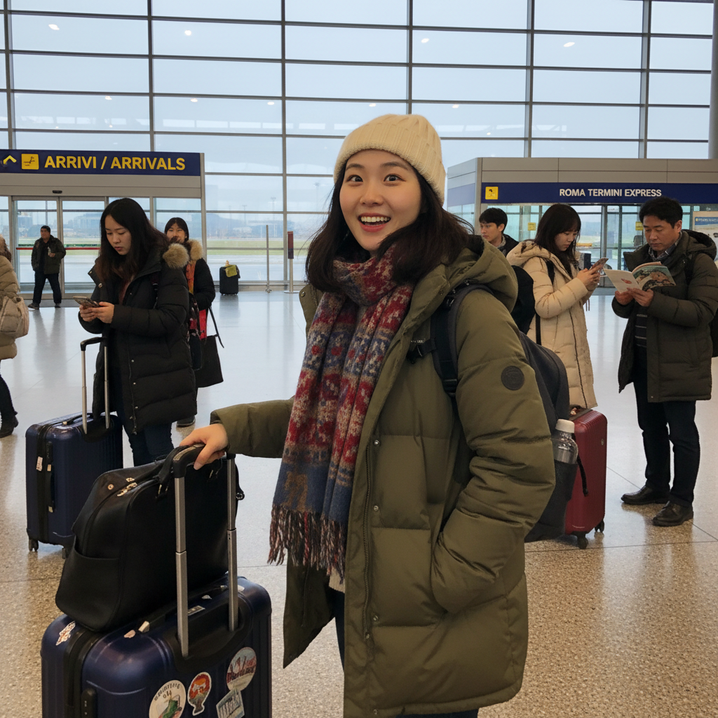 로마 공항에 도착한 지아의 모습