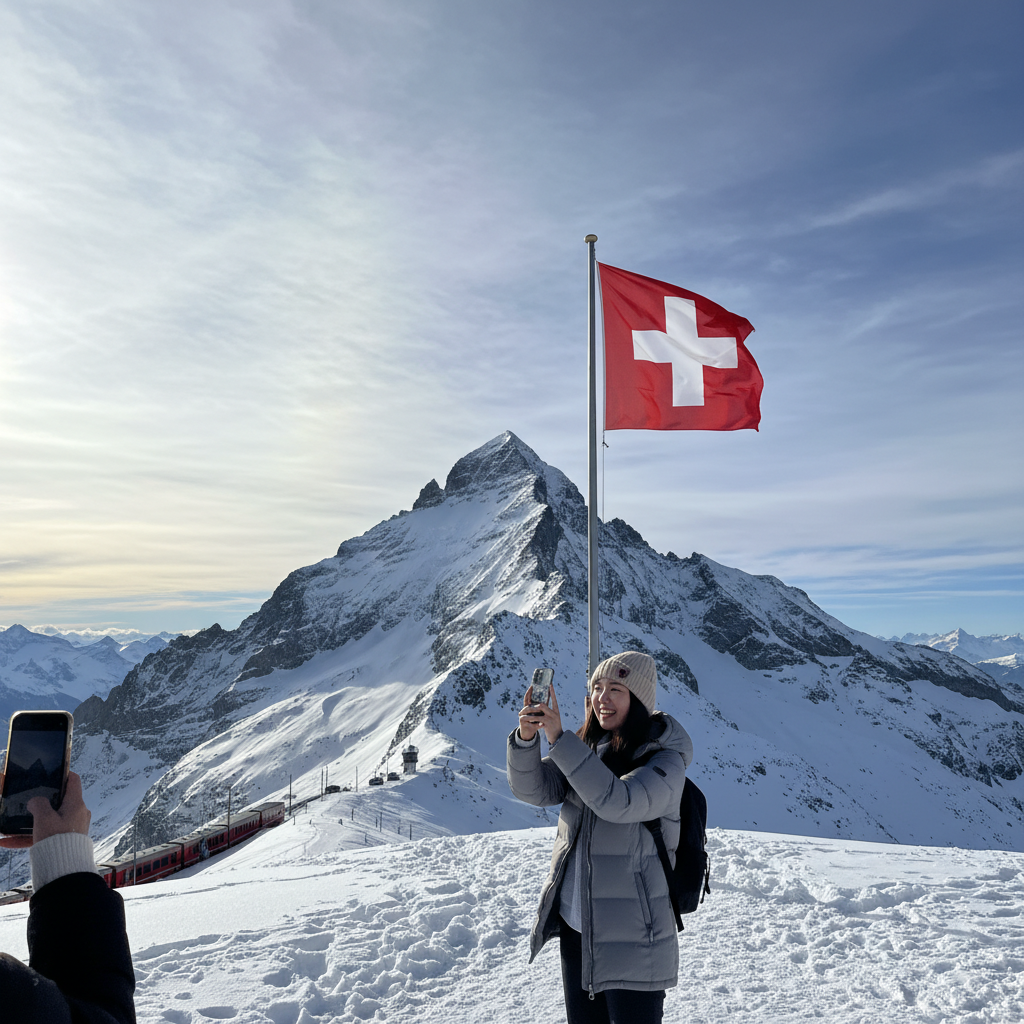 눈 덮인 융프라우 정상과 스위스 국기
