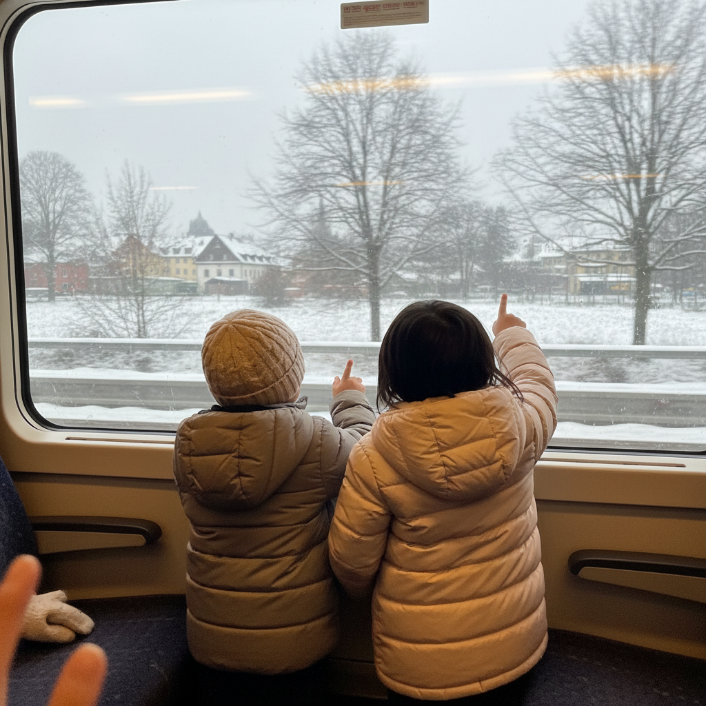 기차 창밖을 바라보는 아이들의 뒷모습