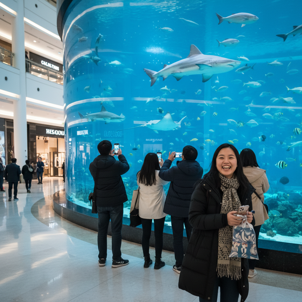 두바이 몰 내부의 거대한 아쿠아리움 사진