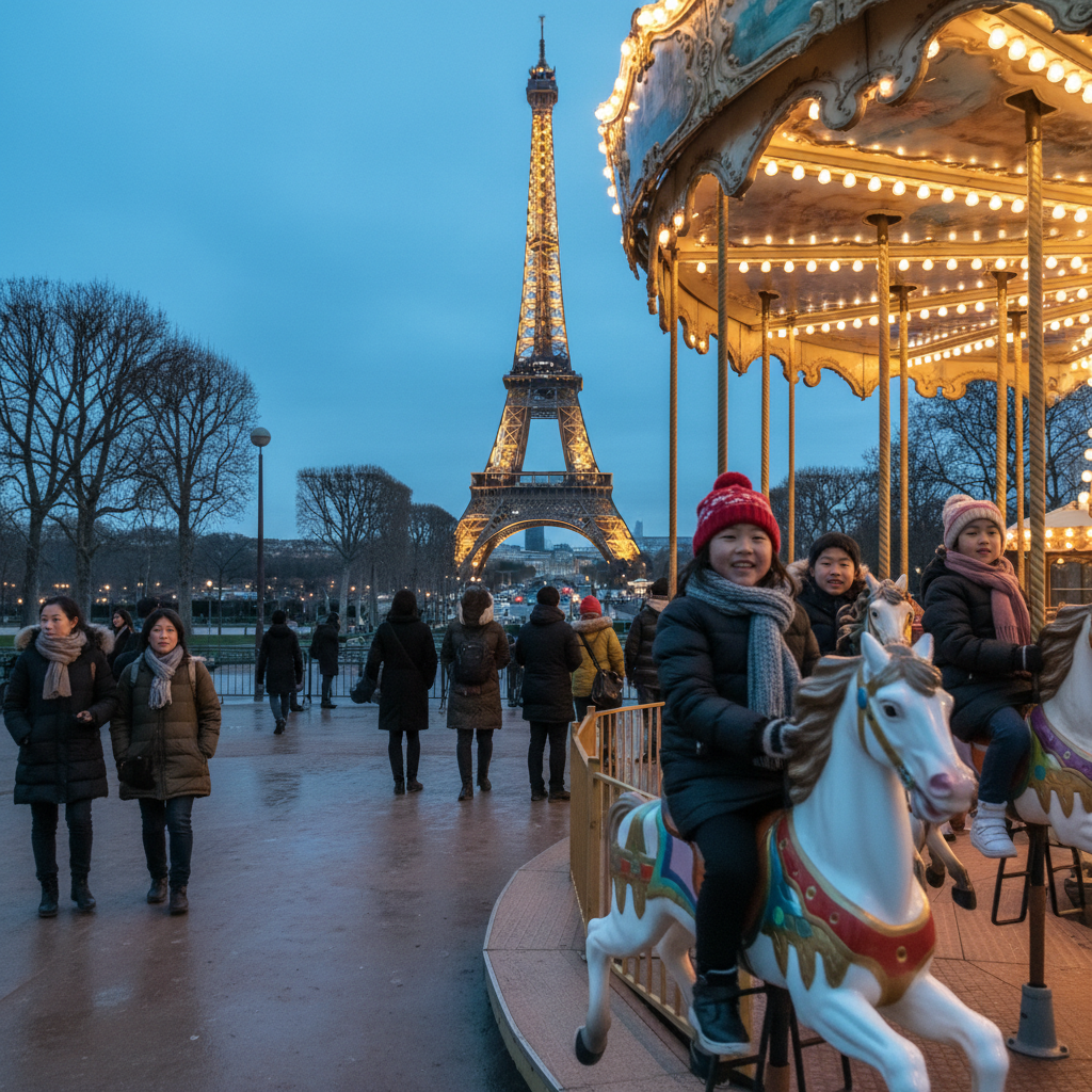 에펠탑을 배경으로 회전목마를 타고 있는 아이들