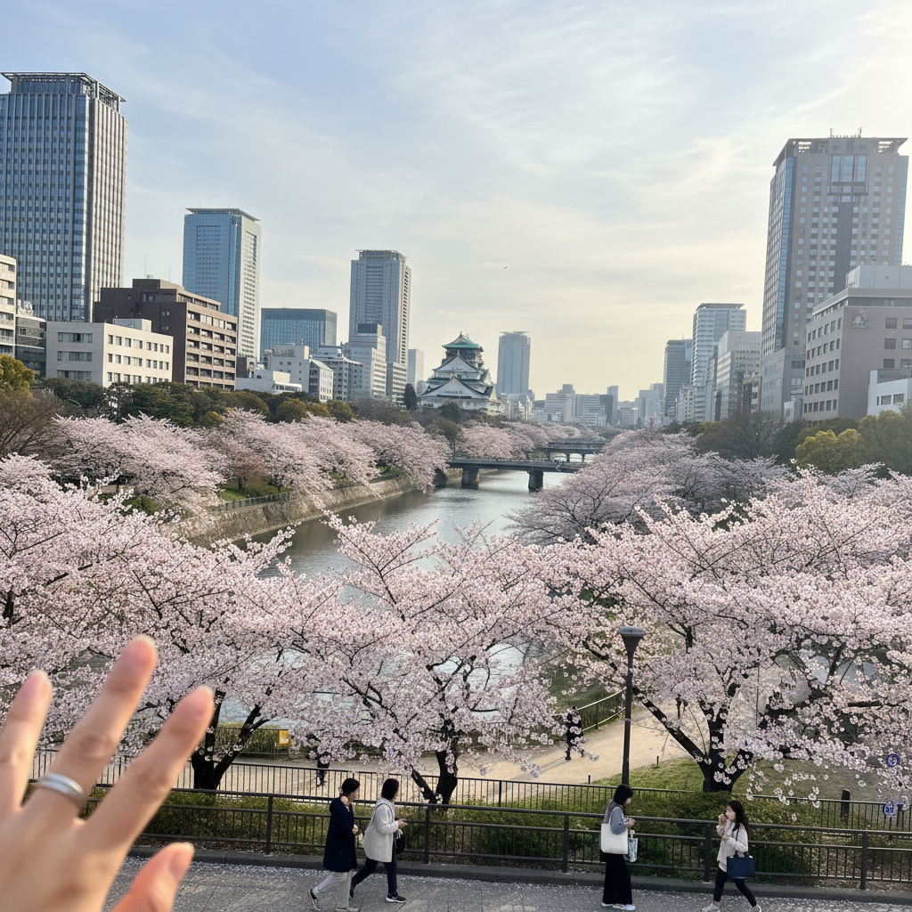 오사카 도시 전경과 벚꽃