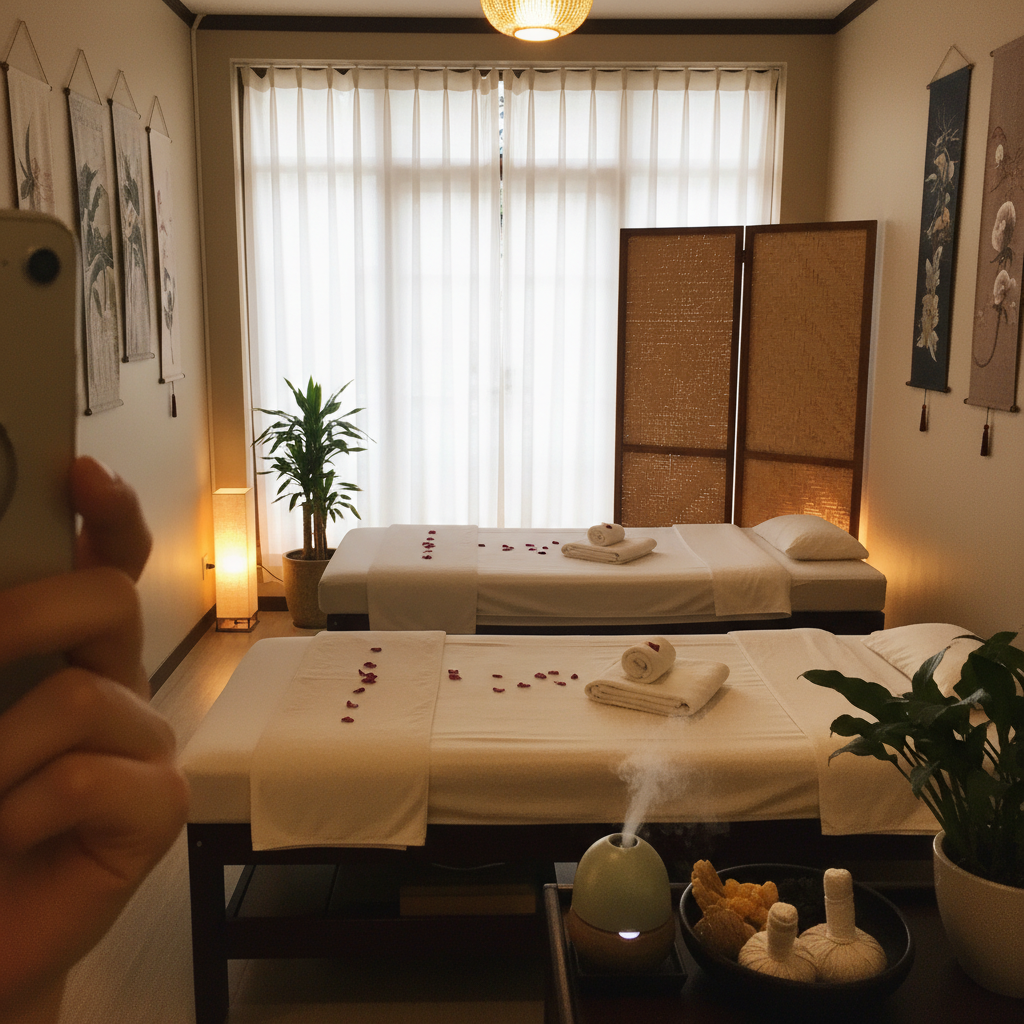 아늑한 분위기의 마사지샵 내부와 편안한 마사지 베드