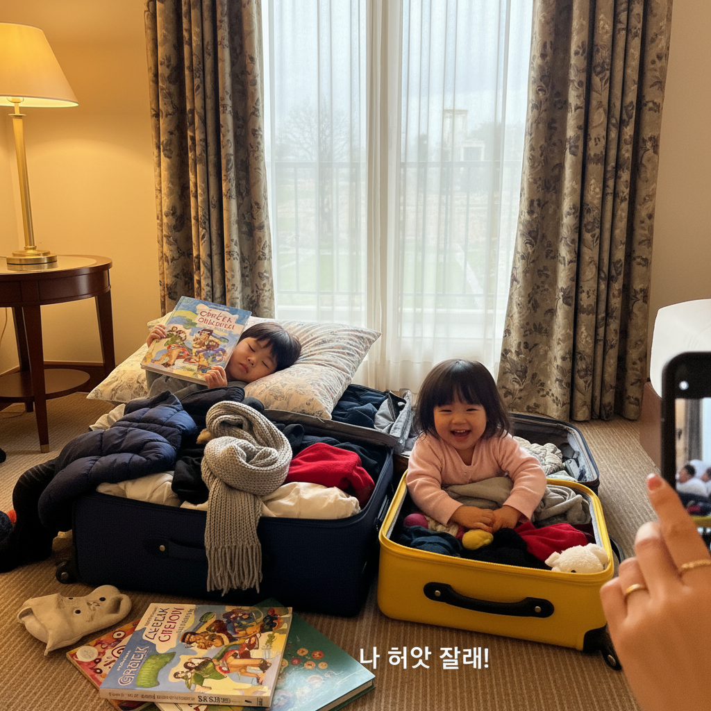 출발 준비 중인 아이들이 캐리어 주변에서 장난치는 모습
