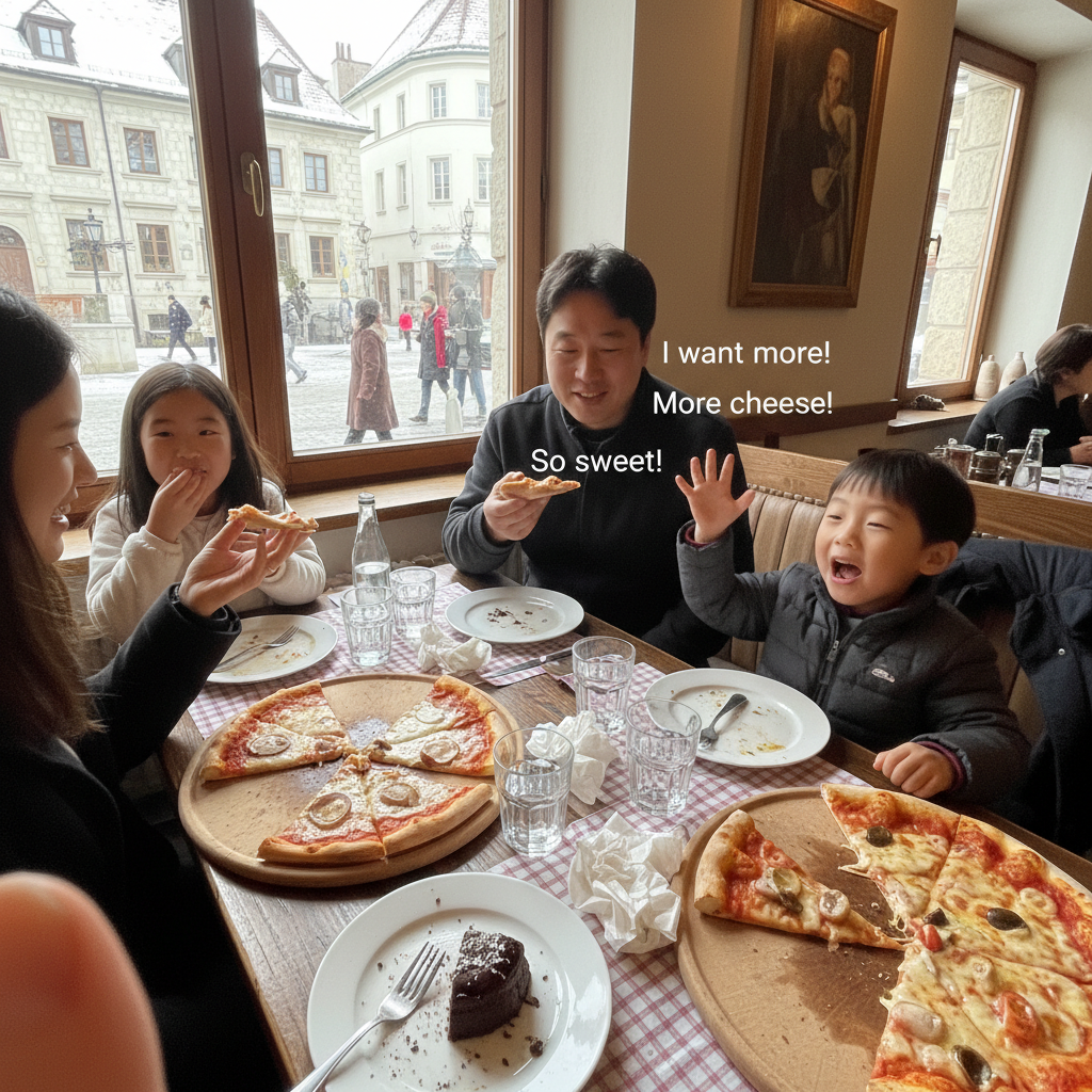 피자를 맛있게 먹고 있는 가족의 모습