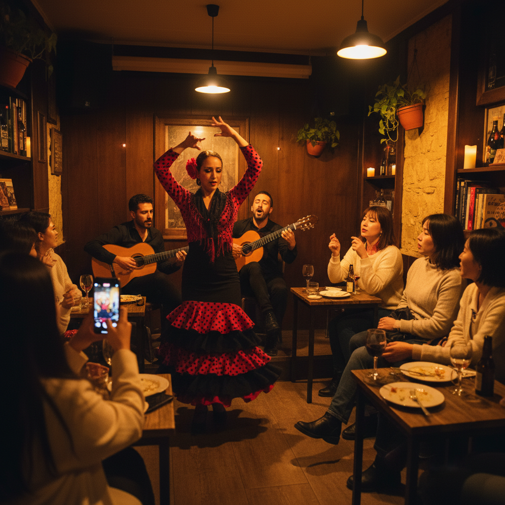 작은 바에서 열린 즉흥 플라멩코 공연 현장