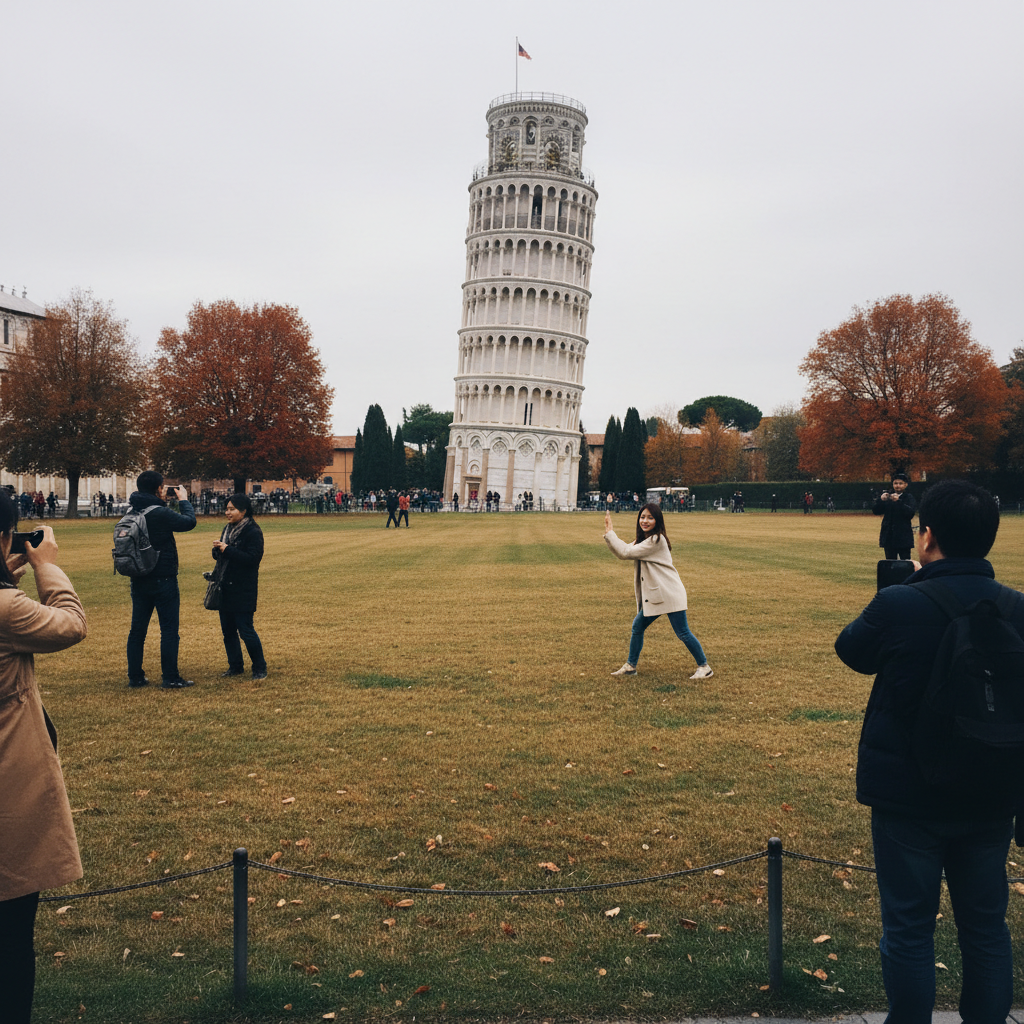 피사의 사탑과 주변 잔디밭의 가을 풍경